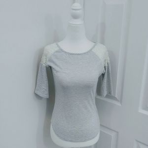 Grey & White Striped Lace Top
